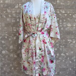 Floral Satin Kimono Medium Gown & Robe  Set
